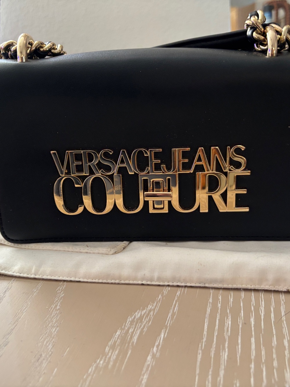 Versace Jeans Collection Black Shoulder Bag with Gold Logo Chain